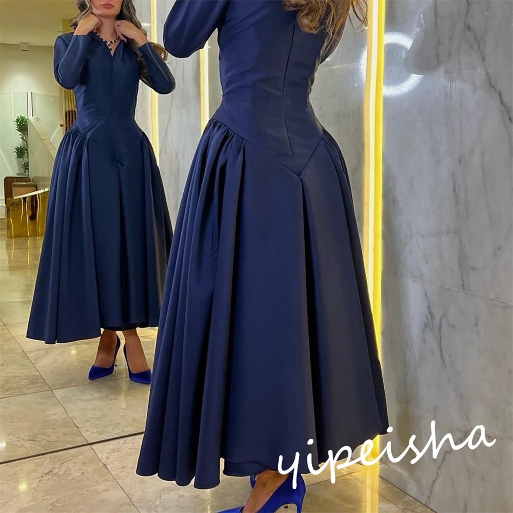 Customized Simple V-neck A-line Anke Length Prom Dresses Draped s Formal Occasion Gown quinceanera dresses فستان سهرة نسائي اعرا