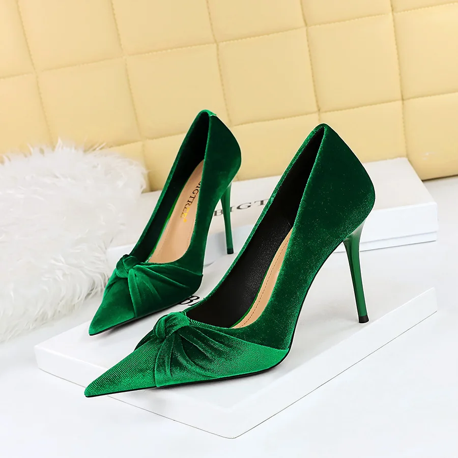 

Suede Pumps With Bow-tie High-heeled Shoes For Women Pointed-toe Shallow Elegant Wear Solid Color Party Wedding Dress Plus Size