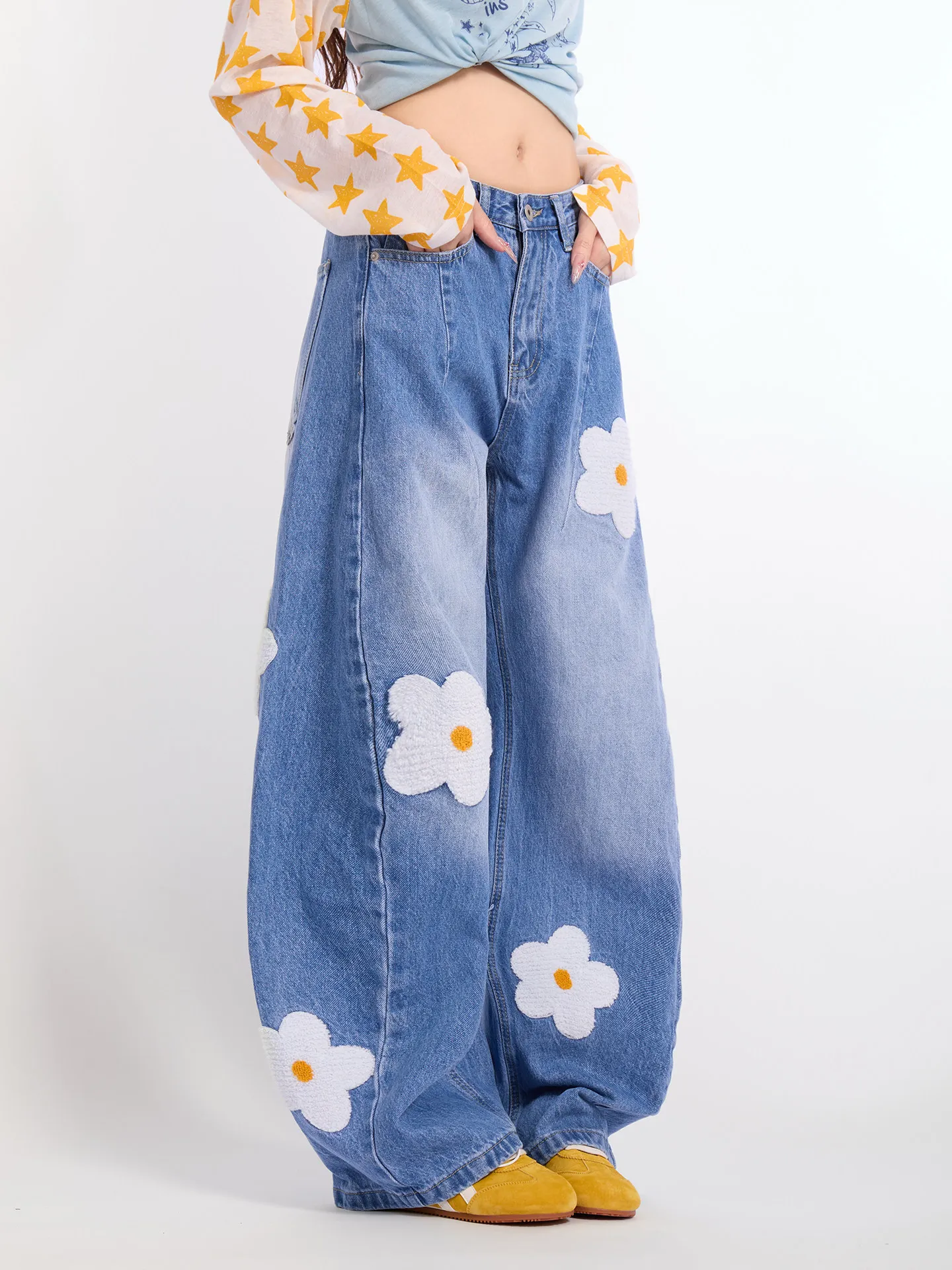 Women American Retro Washed Floral Patch Embroidery Jeans Original Design Blue Wide Leg Curved Denim Trousers Streetwear