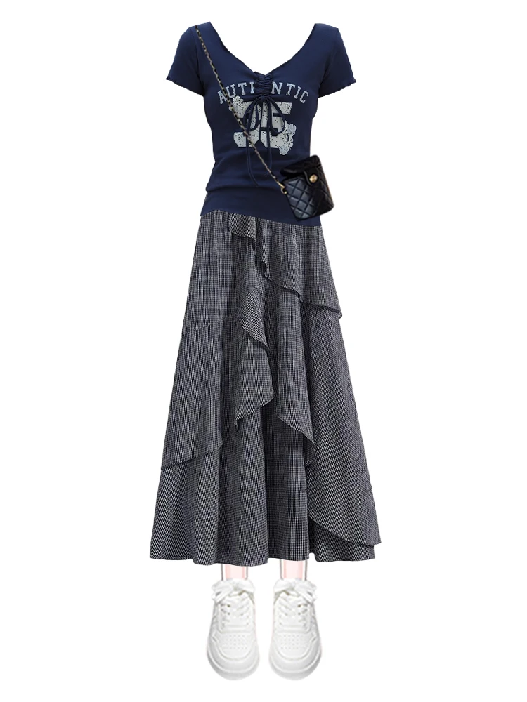 Korean Sle Letter Embroidery Pleated ort Sve Top with A-Line Skirt Women's Faion Ensemble Elastic Waist Midi Skirt