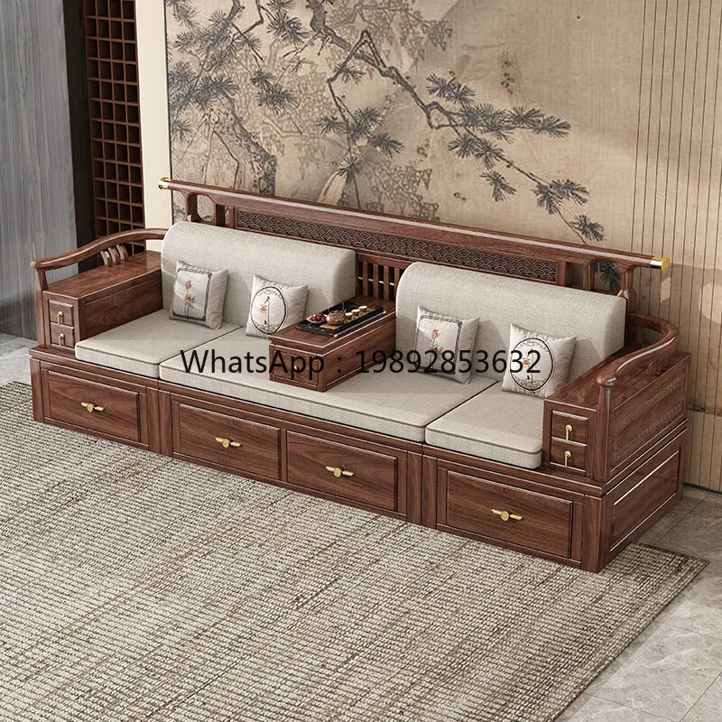 LYY Black Walnut New Chinese Style Luohan Bed Large Apartment Sofa Bed Dual-use LivingFolding Extendable Storage with Drawers