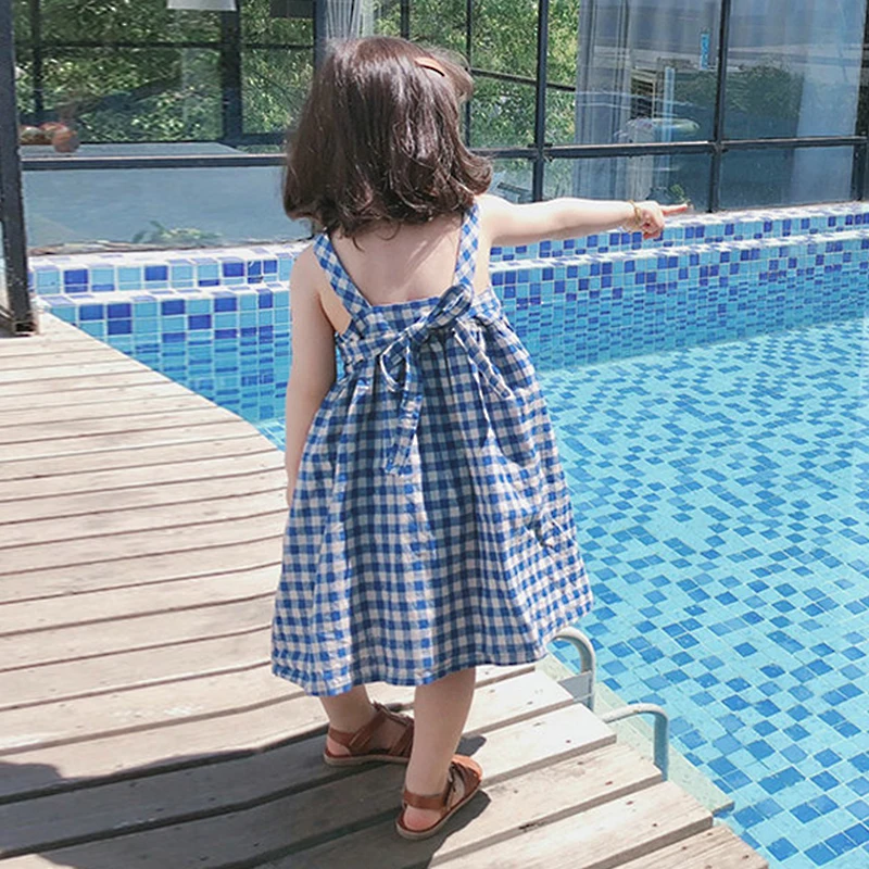 Girls Korean Blue Plaid Dress Summer New Cotton And Linen Children\'s Cute Bow Tie Sleeveless Halter Suspenders Dresses