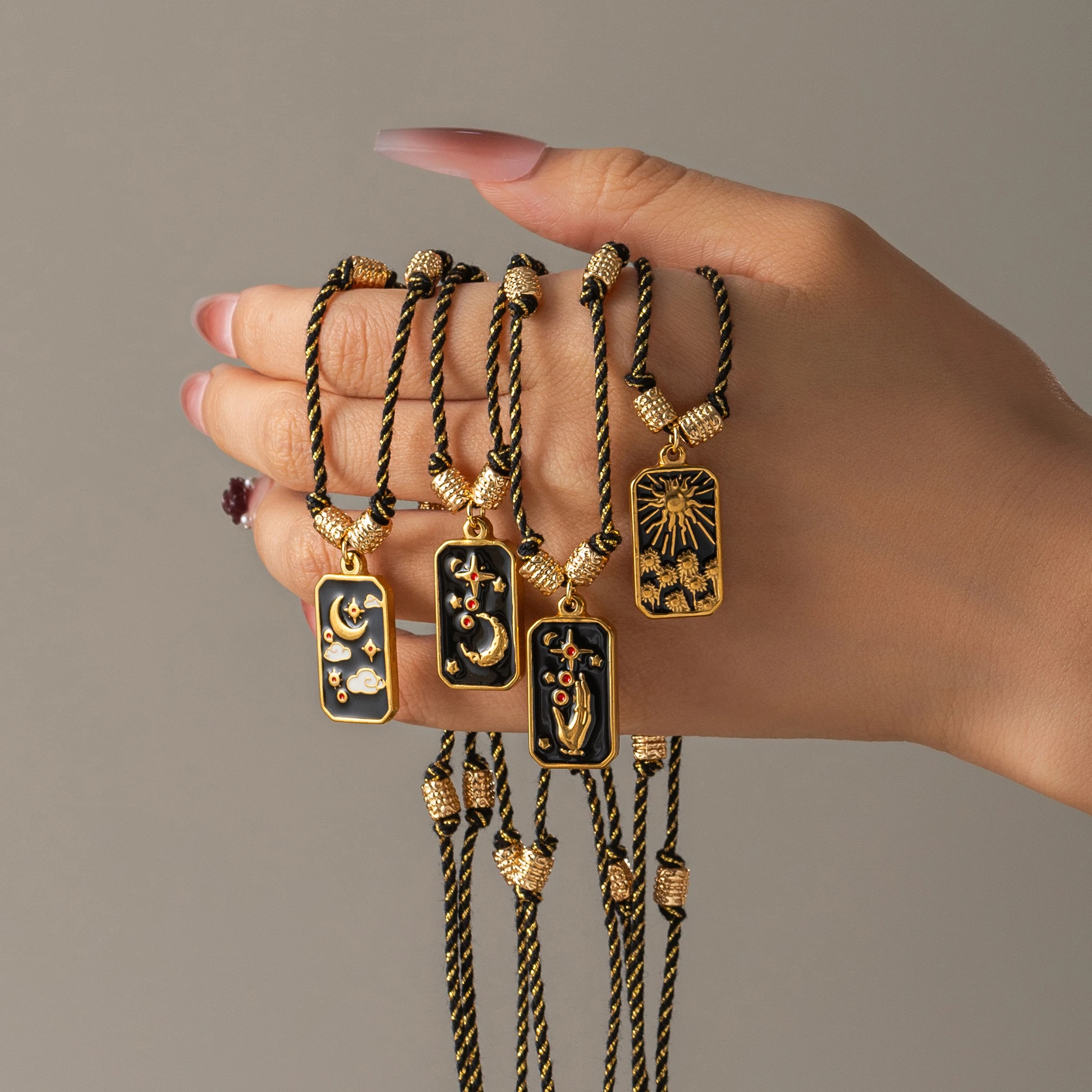 

European and American rectangular tarot card starry sky pendant necklace enamel palm moon pendant gold-plated color preservation