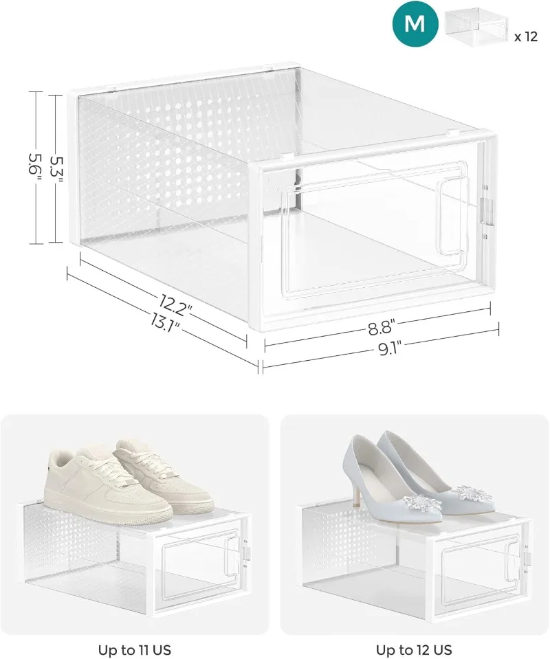 Boîtes à Chaussures Empilables en Plastique Transparent, Lot de 12, Organisateur de Rangement, pour Placard, Baskets, 9.1x13.1x5.6