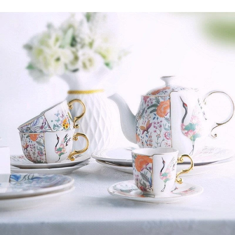 Fairy Crane Flower Pattern Ceramic Teapot Set Teacup saucer Painted Gold-plated Coffee Cup Afternoon Tea Milk Fruit Juice Mugs