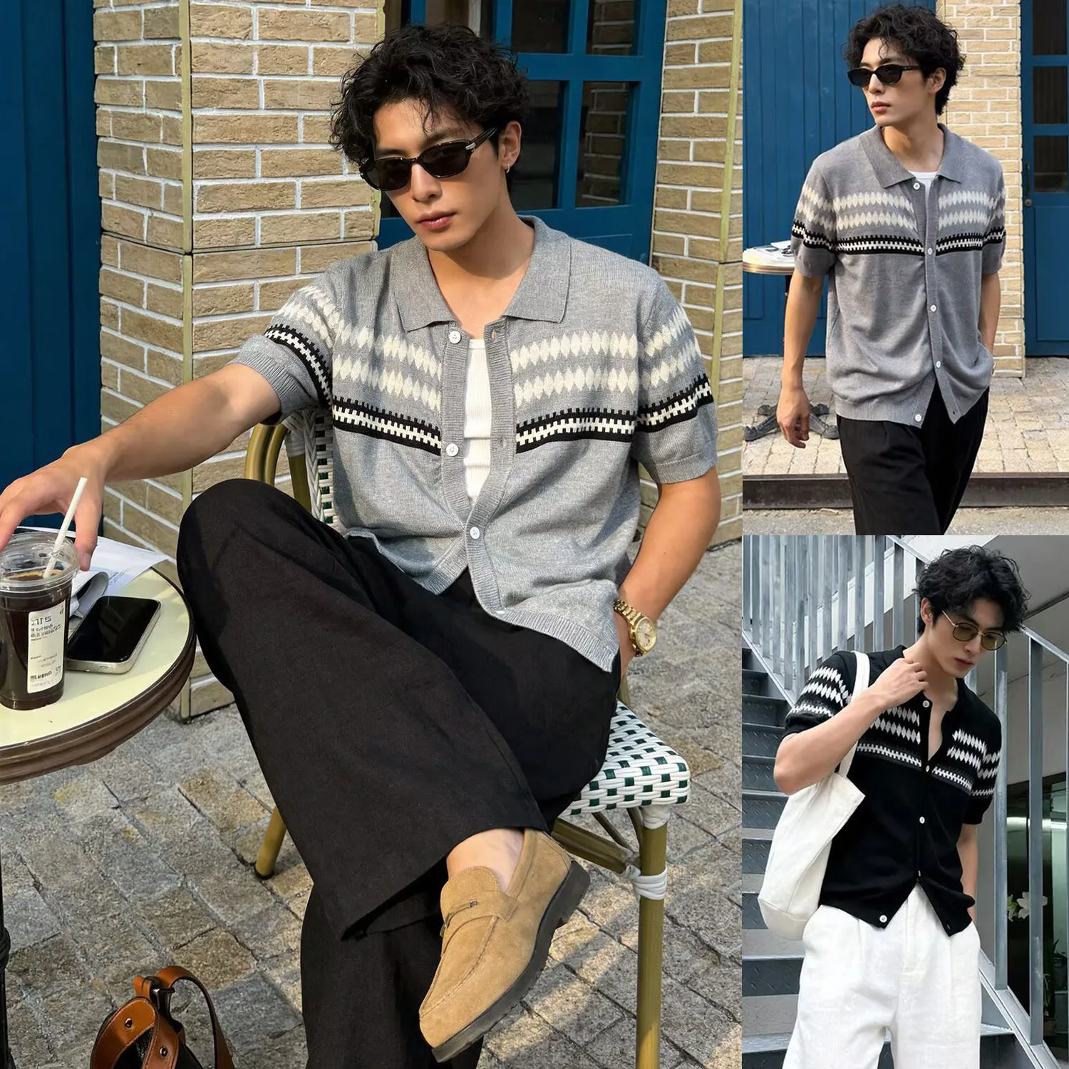 Summer Fair Isle Lapel Cardigan Short Sleeve Knit Polo Shirt Men's Premium Business Casual Top