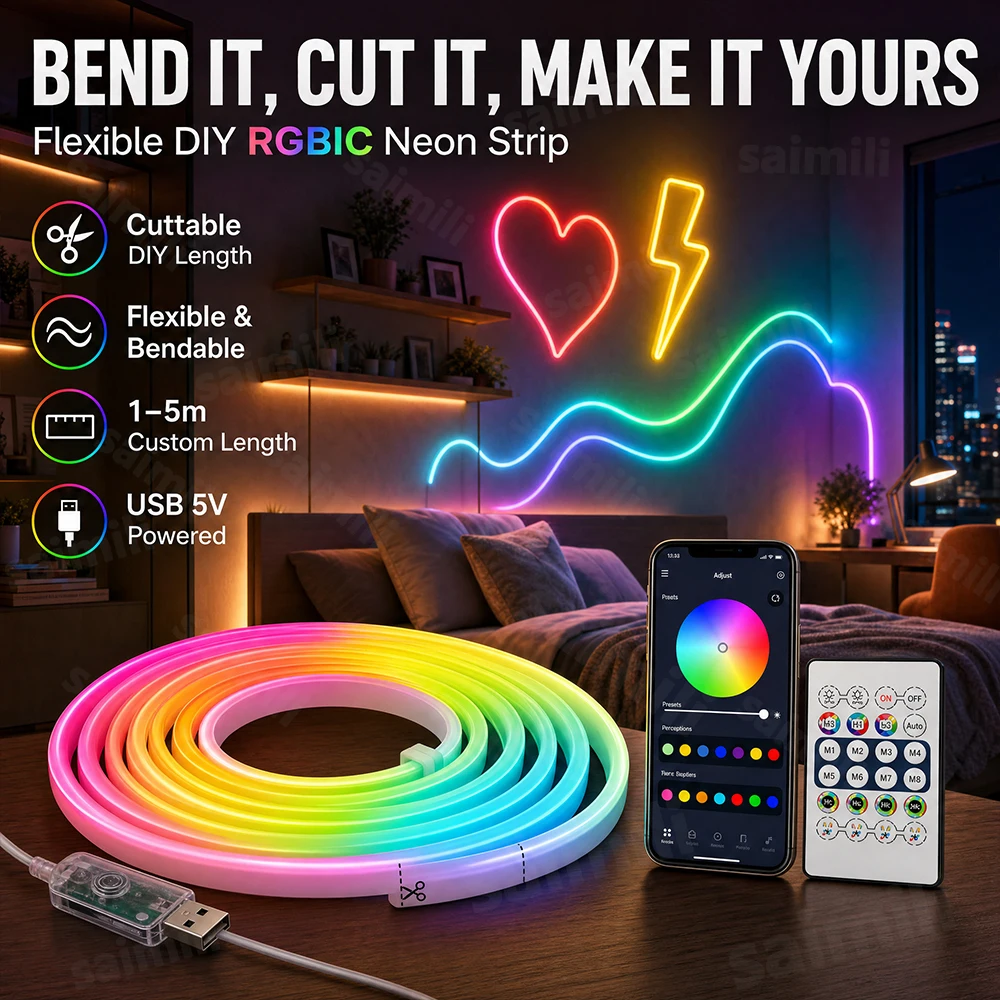 USB RGBIC Neon Strip Light 3/5M Waterproof Bendable Cuttable LED Neon Rope APP & IR Remote Controller for DIY Lighting Project