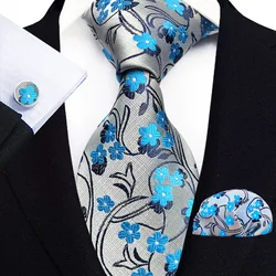 Floral Blue Ties For Men Wedding Party Business Man Tie Handkerchief Brooch Cufflinks Set Men Accessories Gravata