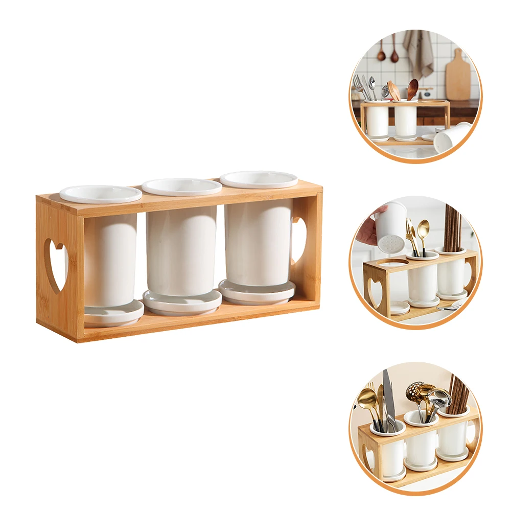 

1 set Chopsticks Holder Bamboo Stand Kitchen Utensils Organizer Storage Ceramic Wood 3 Compartments Draining Tableware Household