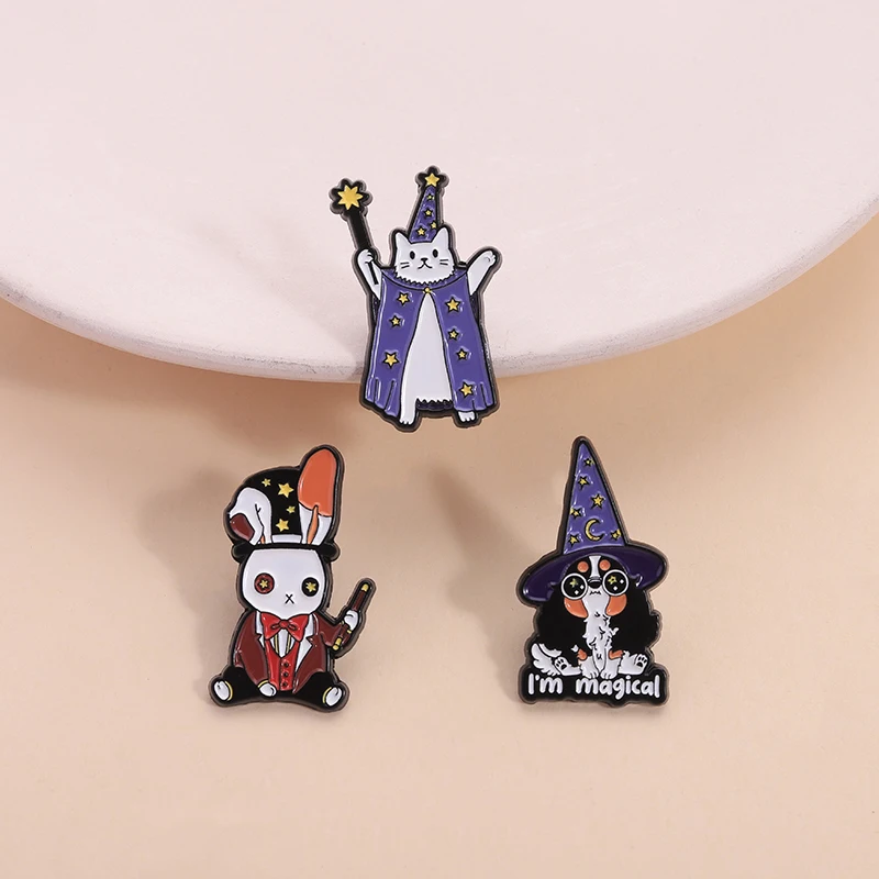 Wizard Cat Holding Magic Wand Casting Spell Enamel Pins Cute Dog With Witch Hat Halloween Brooches Lapel Badge Jewelry Gifts