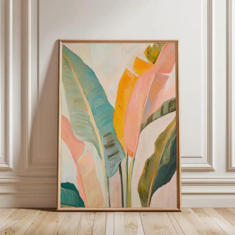 Modern Colorful Tropical Leaves Canvas Wall Art Print Frameless Abstract Boho Botanical Poster for Living Room & Bedroom Decor