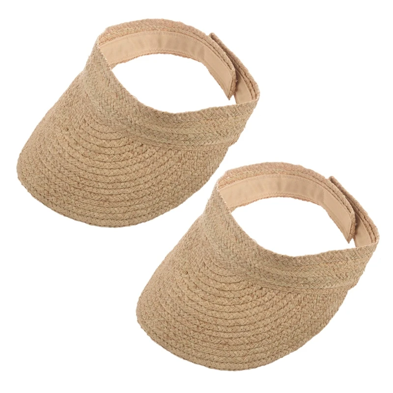 

2X Ladies Anti-Uv Roll Up Sun Visor Hat Women Straw Raffia Sun Visor Caps