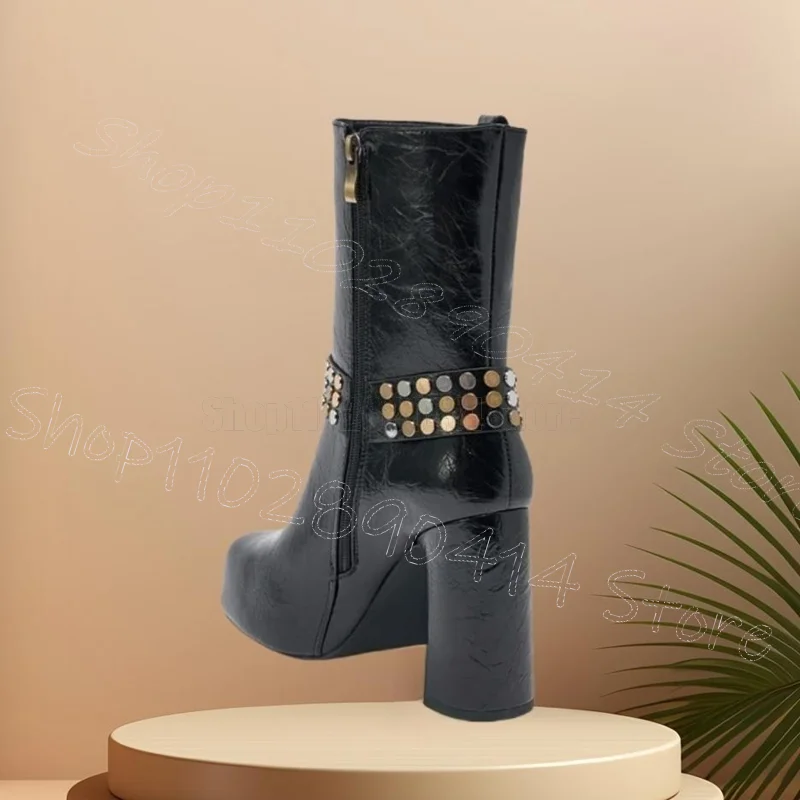 المسامير المعدنية حزام السحابة الأسود منتصف العجل الأحذية الجانب سستة النساء أحذية كعب عالي مكتنز حفلة يؤرخ 2025 Zapatos Para Mujere #4