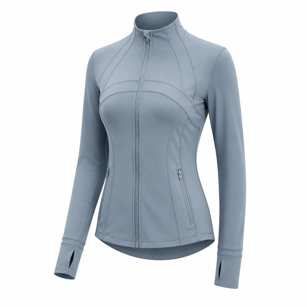 Women's Blue Gray Slim Fit Full Zip Sports Jacket Stand Collar Long Sleeve Thumbhole Workout Running Yoga Outerwear
