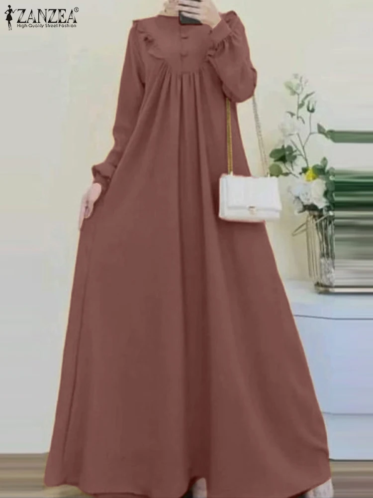 ZANZEA Fashion Solid Color Dress Woman Long Sleeve O-Neck Dresses Elegant Party Sundress Casual Abaya Kaftan Vestidos Oversized