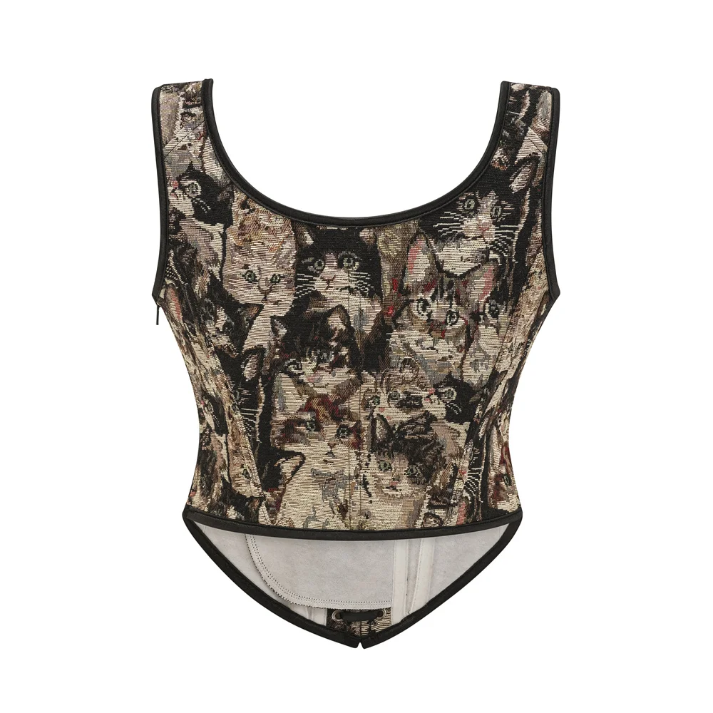 Brown Cat Print Overbust Lace Up Corset Vest Women Vintage Clothes Gothic Bustier Top Steampunk Korsett shapewear Waist Trainer