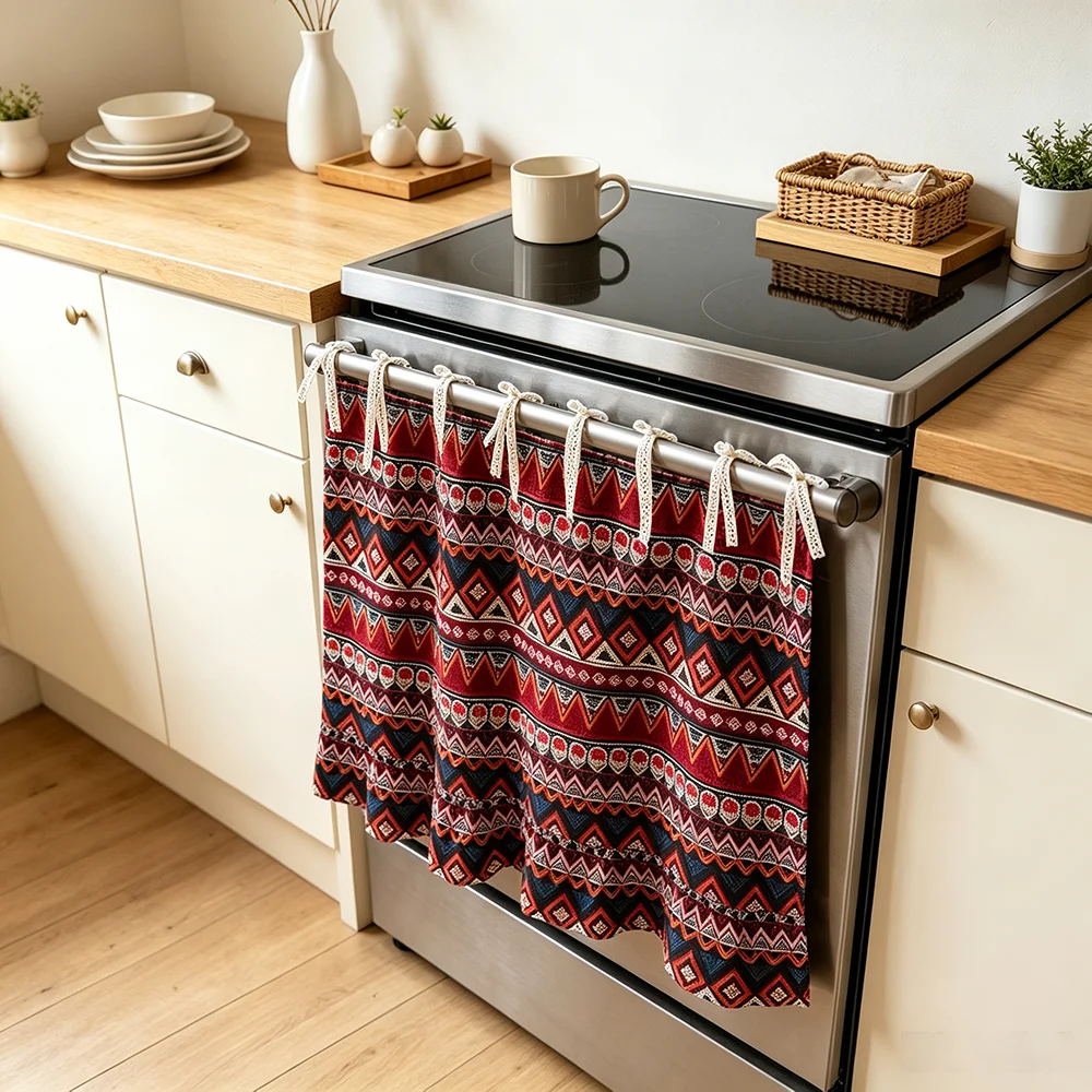 1pc Kitchen Appliance Skirt Curtain Ethnic Diamond Print 8 Tie Ruffle  Refrigerator Dishwasher Curtain Neutral Bohemian Decor