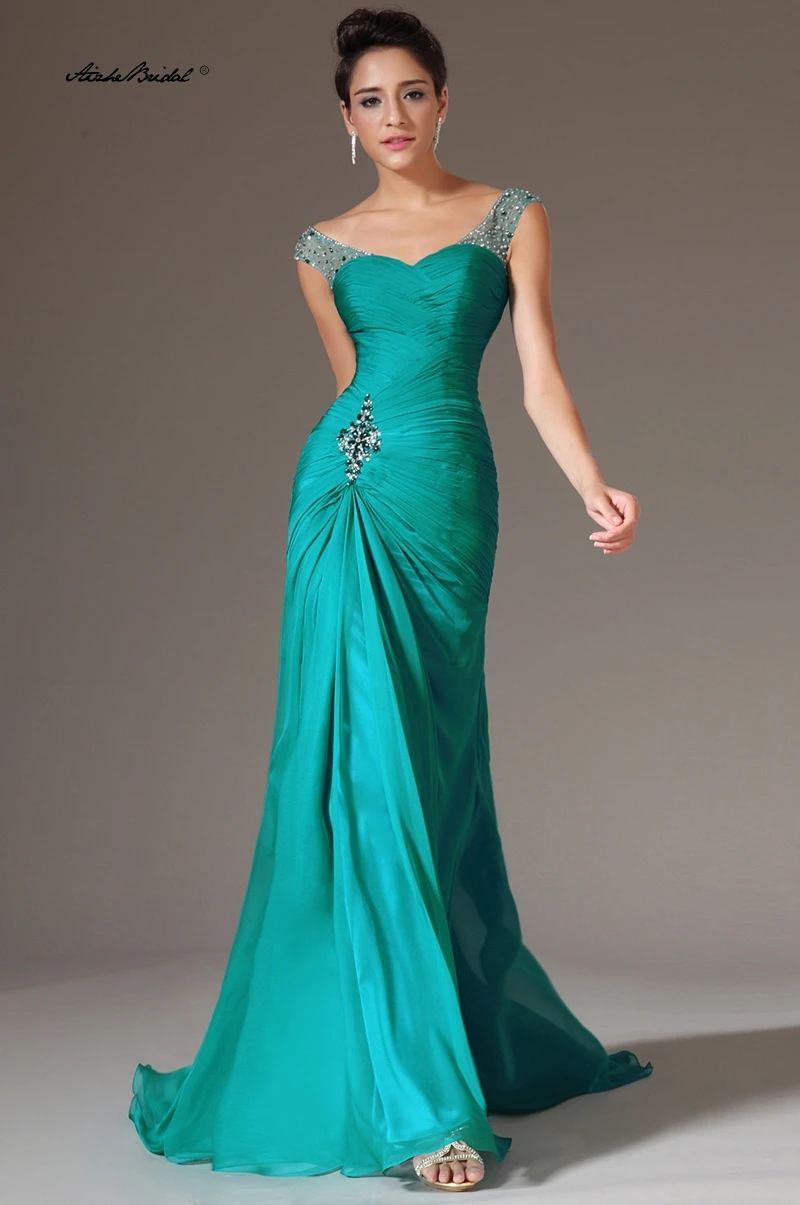 

Women's Formal Dresses Cap Sleeves Pleated Chiffon Evening Dresses Mermaid Beaded Formal Dresses