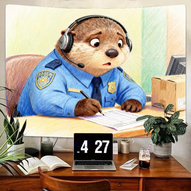 

1 шт., забавный гобелен с милой выдрой, полицейский диспетчер, мультяшный гобелен, полиэстер, настенное искусство, декор для гостиной, спальни, общежития, подарок для любителей животных