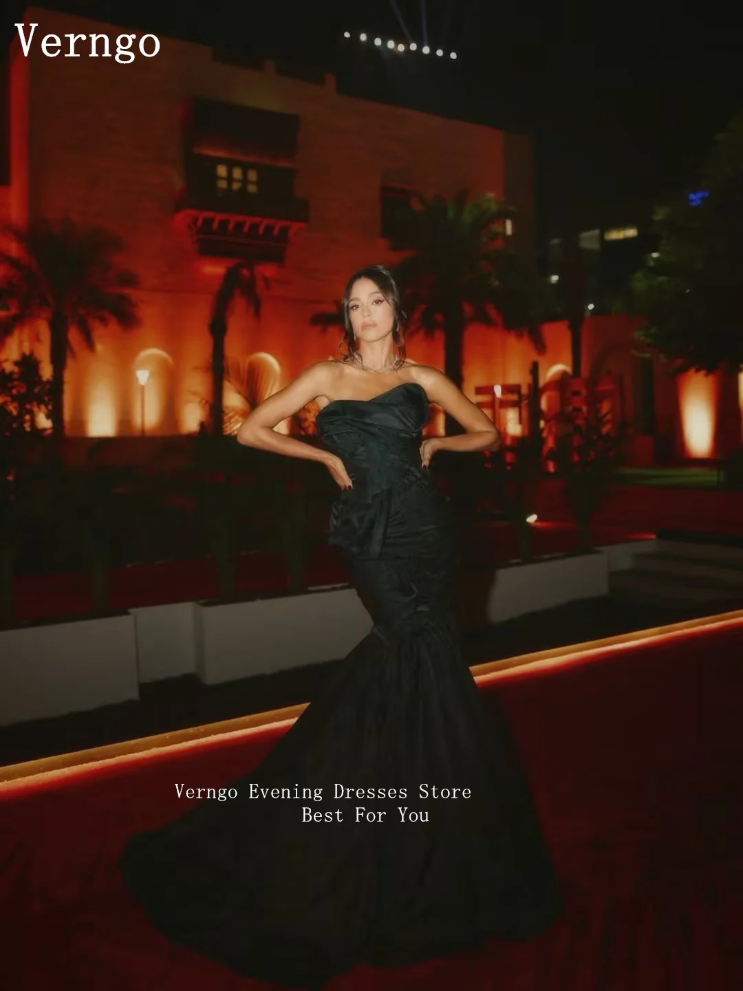 فستان سهرة من الساتان الأسود من Verngo بدون حمالات مطوي فستان رسمي حورية البحر سويب تراين رشيق كوتور فساتين حفلات مخصصة