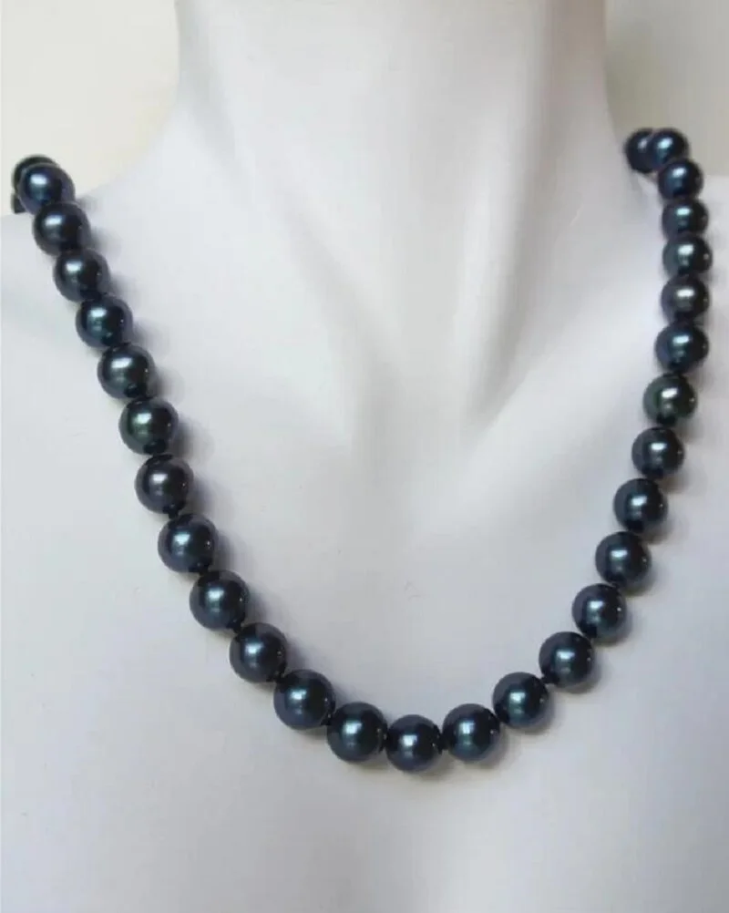 

stunning 9-10mm natural genuine south sea black pearl necklace 18inch 925s