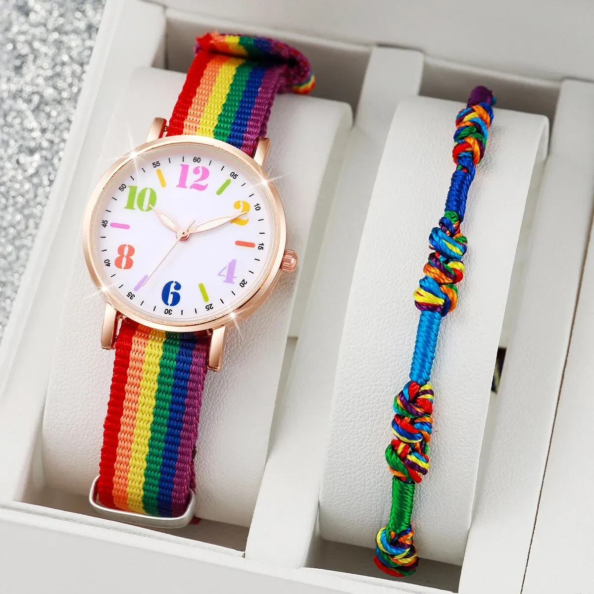 2pcs Set Fashion Rainbow Color Ultra-thin Canvas Strap Classic Men's Watches Colorful Bracelet Set