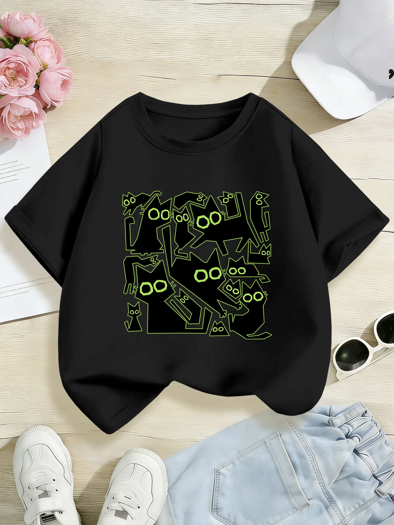Geometric Many Black Kittens Art Pattern Print Kids T Shirt Boys Girls Family Matching Parent Child Summer Crew Neck Casual Tee