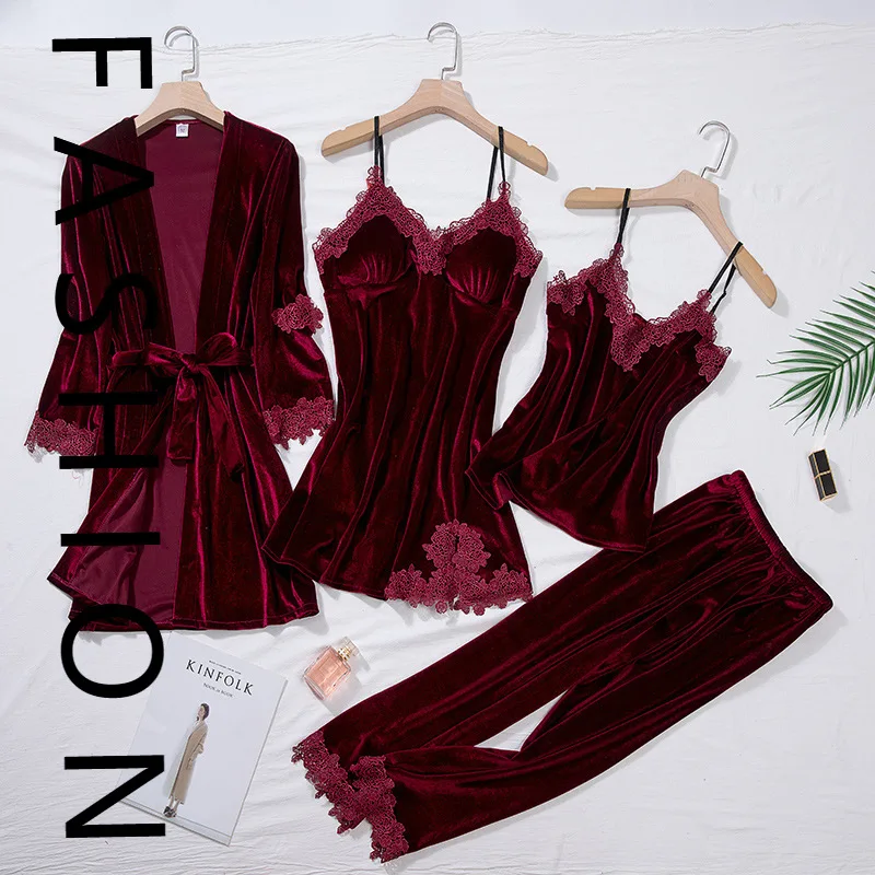 

Золотые бархатные пижамы женские осенние и зимние кружевные пижамы, пижамы на подтяжках, домашняя одежда из четырех частей с длинными рукавами, утолщенная.