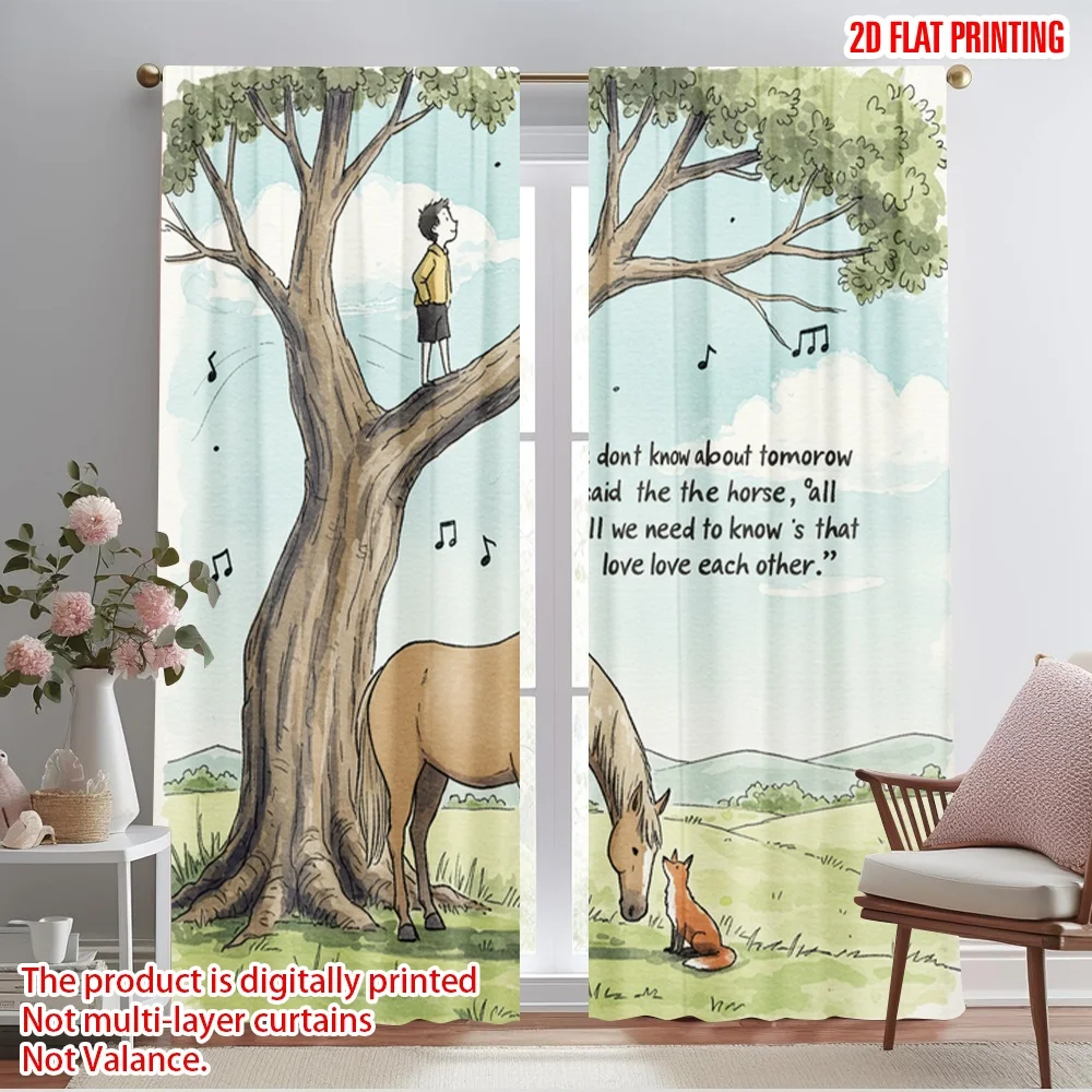 

2pcs 2D flat printing Party Curtain Horse tree friendship quote Polyester Without Electricity 0 Use for gold wall decor