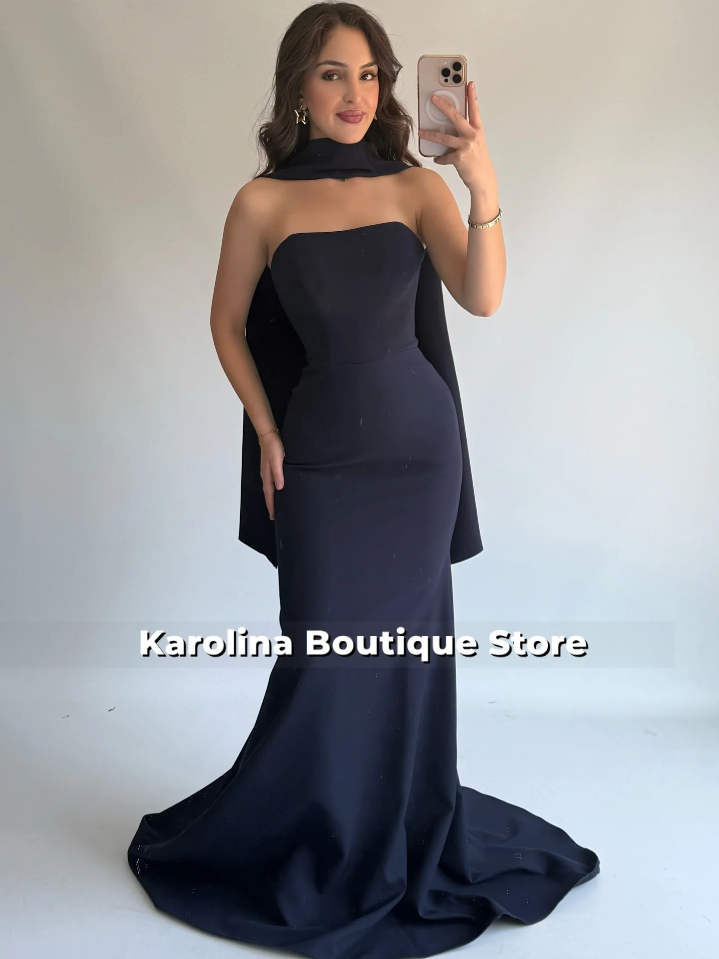 

Navy Blue Strapless Scarf Satin Dubai Evening Dresses Mermaid Simple Luxury Dress Woman 2026 robes de soirée Customized