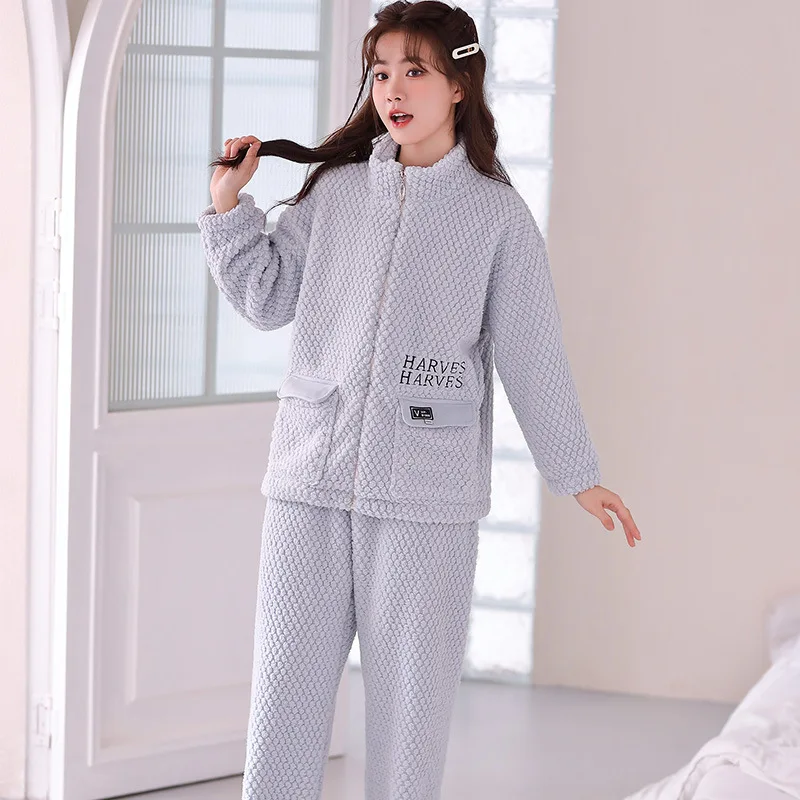 

Long Sleeved Pants, Winter Pajamas, Women's Coral Plush Thickened Set, Autumn And New Style, Suitable For Girls To High Collar