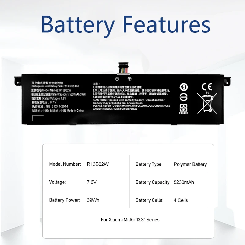 Imagem -04 - Bateria do Portátil para Xiaomi mi Air Série 13.3 Tablet pc Baterias 39wh 5230mah R13b02w R13b01w Novo