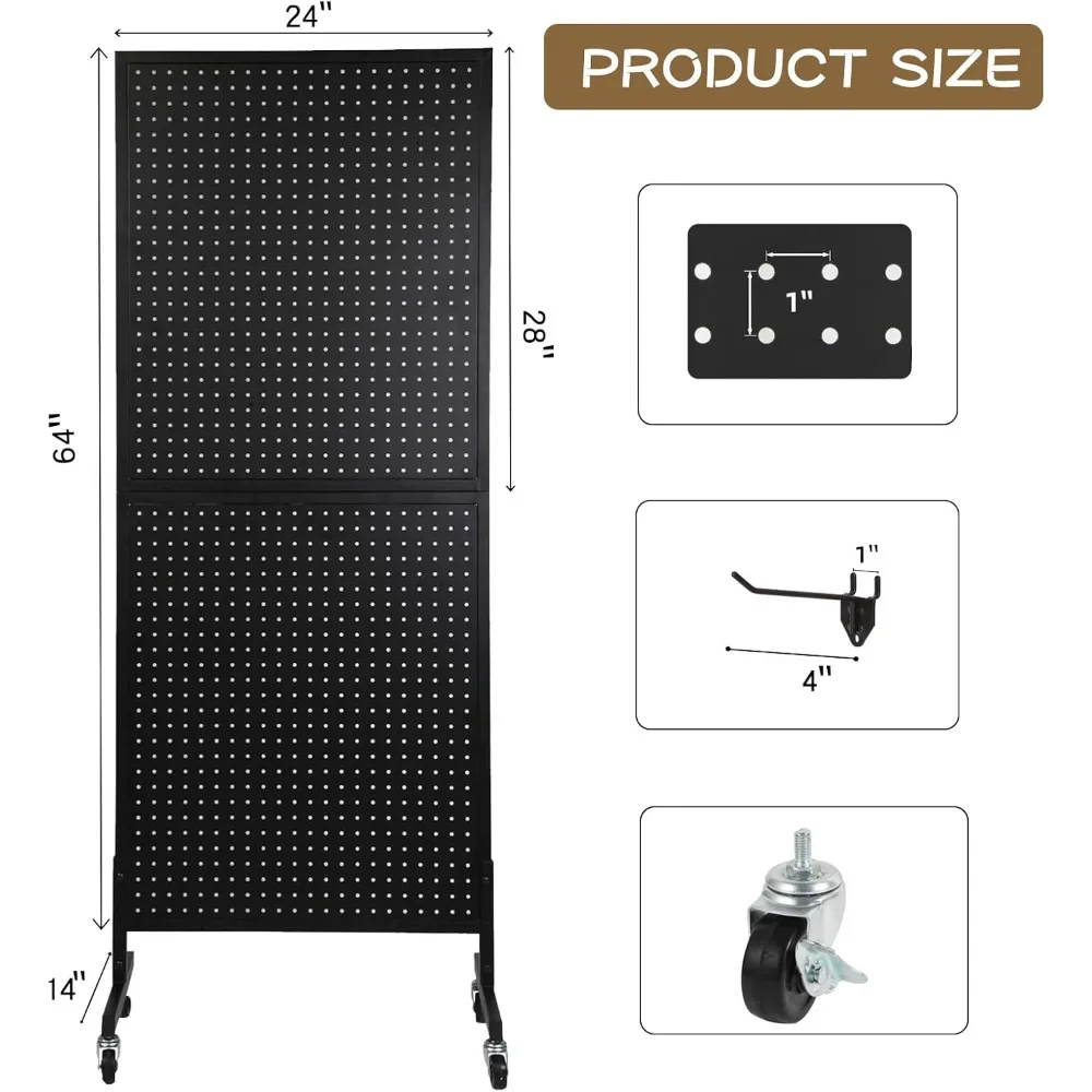 Metal Pegboard Display Stand 2'x5' with 30 Hooks, Black, Rolling Rack for Retail & Craft Shows