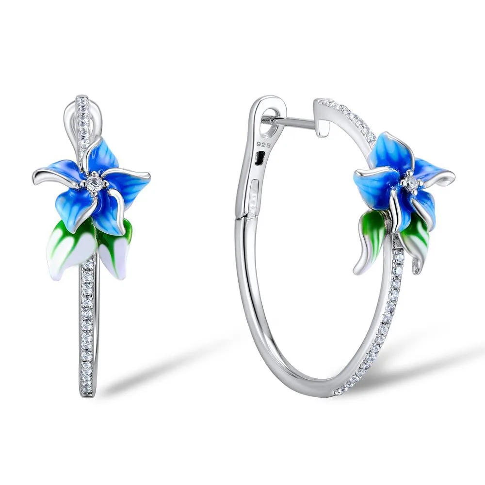 Vintage Exquisite Blossoming Flowers Micro-inlay Zircon Enamel Blue Floral Hoop Earrings for Women Bohemian Fashion Jewelry Gift