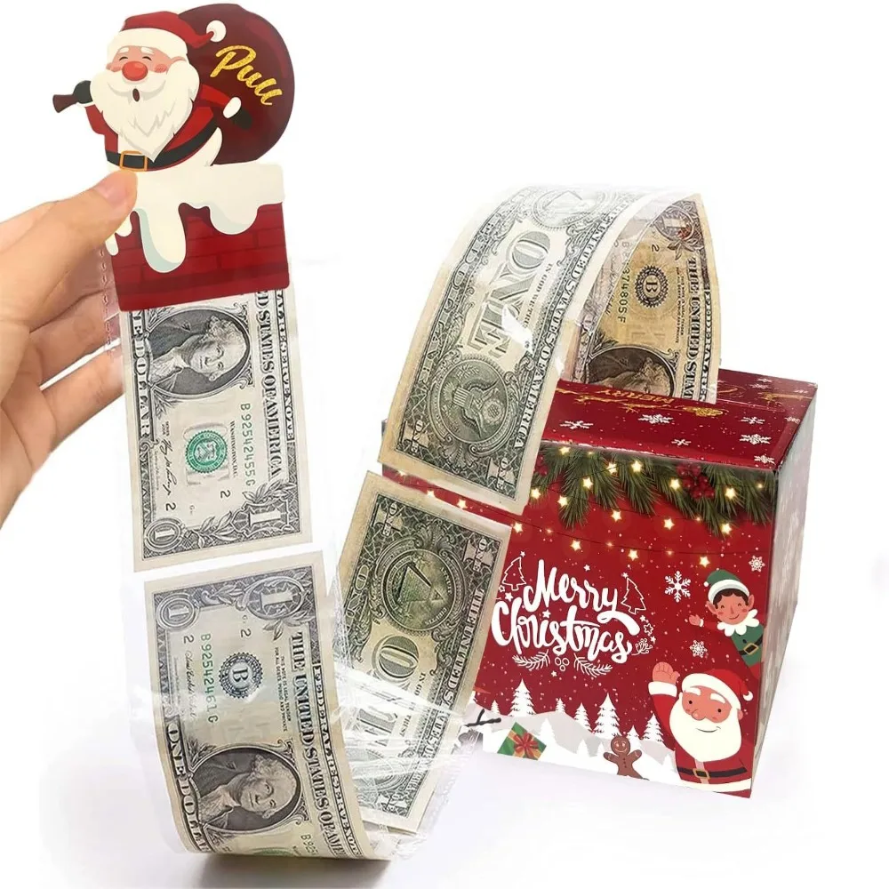 New Santa Claus Christmas Money Pull Box Red Paper Cash Boxs Bill Holders Christmas Surprise with Card Money Gift Boxes Party