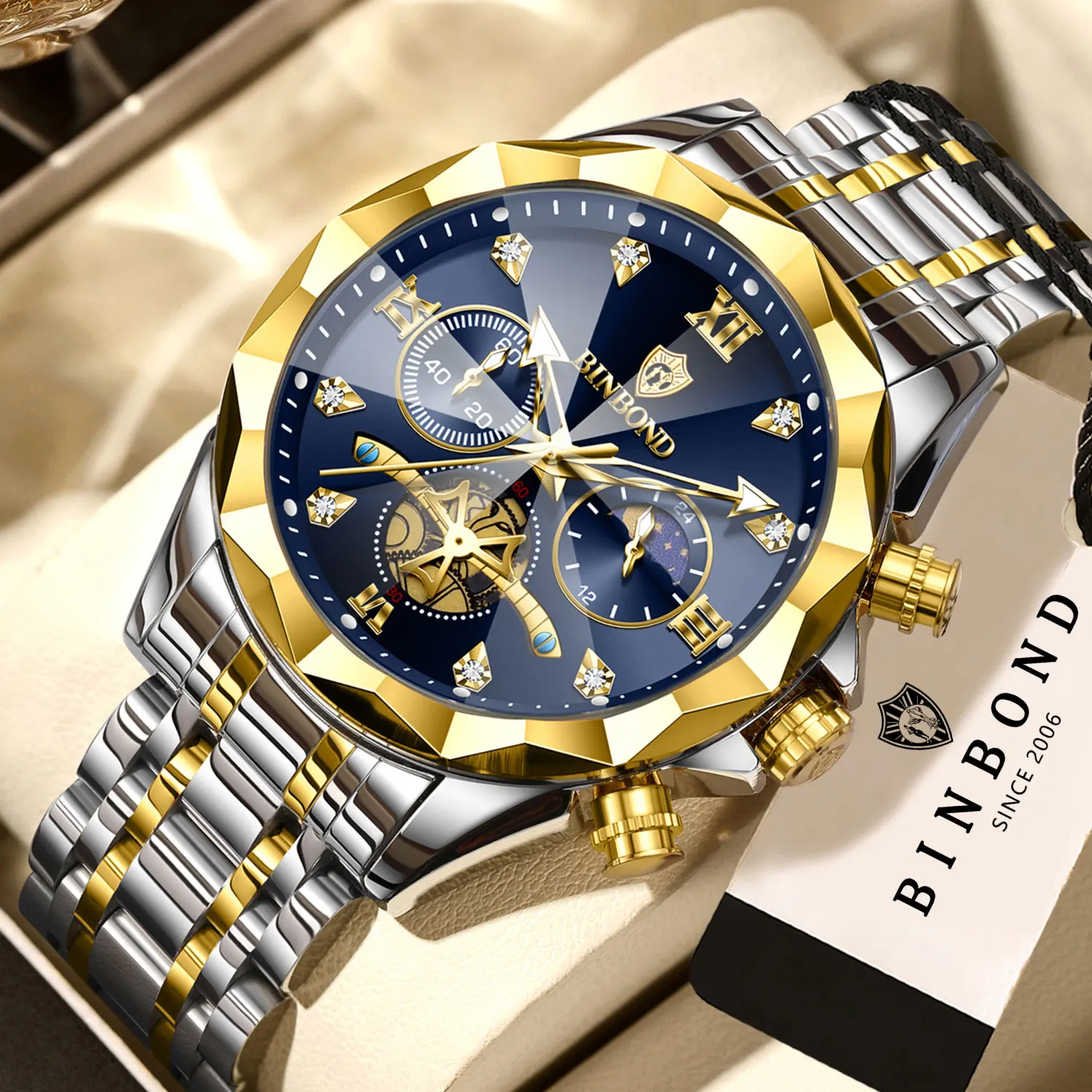 BINBOND Langlebige Edelstahl-Armbanduhr, Leuchtend, Wasserdicht, Chronograph, Herrenuhr, Präzise Quarzuhr für Herren, Luxus