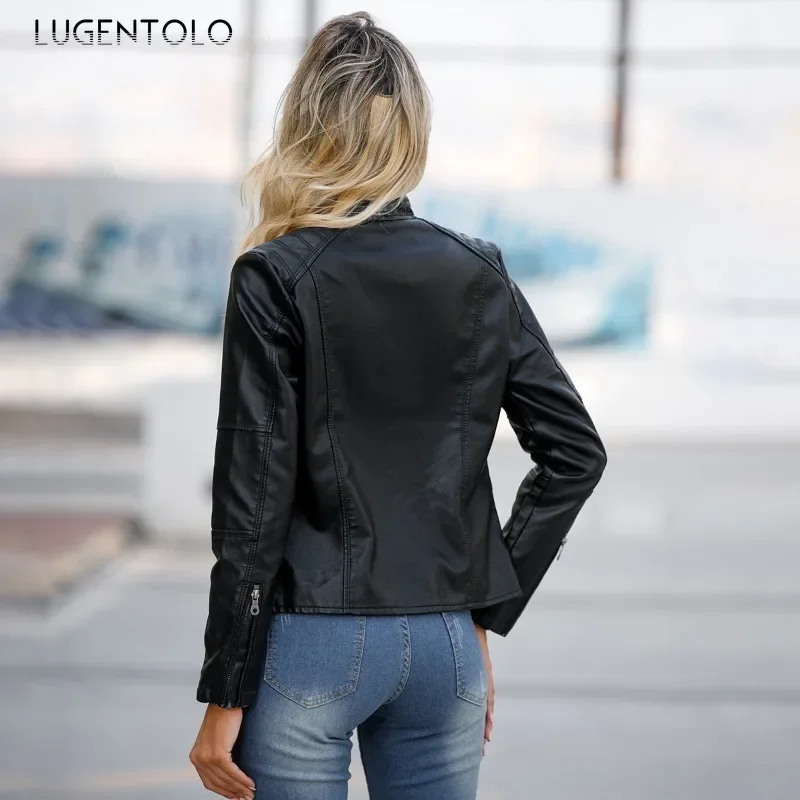 Women PU Jacket 2024 Faux Leather Windproof Warm Coat Fashion Solid Color Stand Collar Slim Zip Biker Cardigan Available 4XL