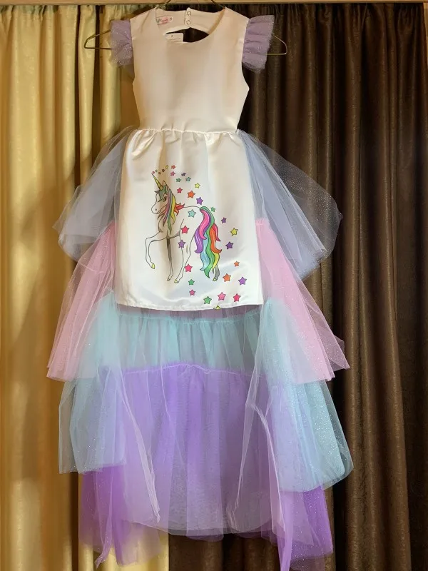 Christmas Girls Unicorn Dress with Long Tail + Wings Wig Hairband Baby Girl Princess Birthday Party Ball Gown Kids Horse Clothes