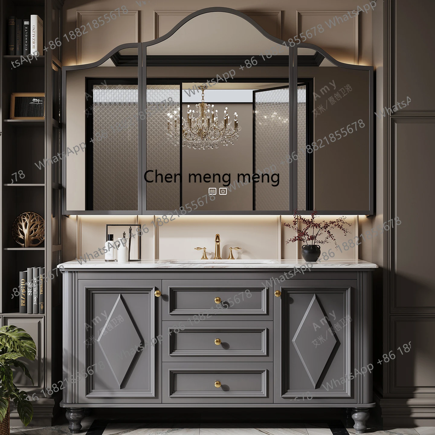 

Французский ретро-дубовый шкаф для ванной комнаты от пола до потолка, комбинированная каменная плита, умывальник с горячим изгибом, шкаф для ванной комнаты