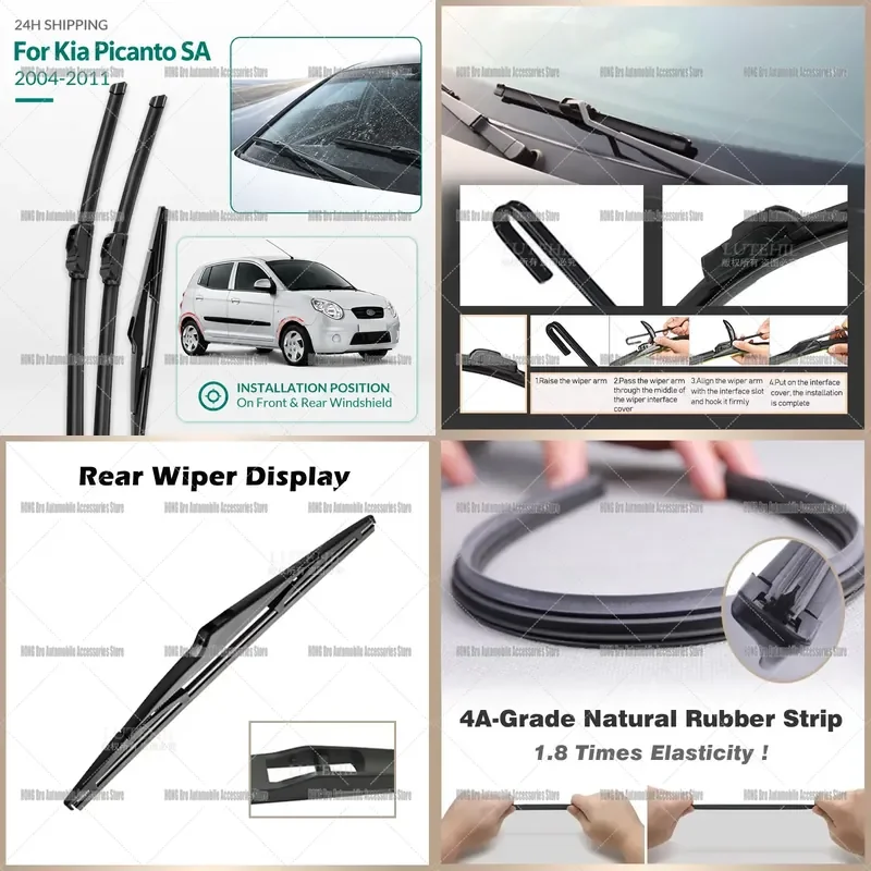 For Kia Picanto SA 2004-2011 Front Rear Windshield Wiper Blades Set 22 16 12 Inch Auto Window Rubber Sweepers Accessories