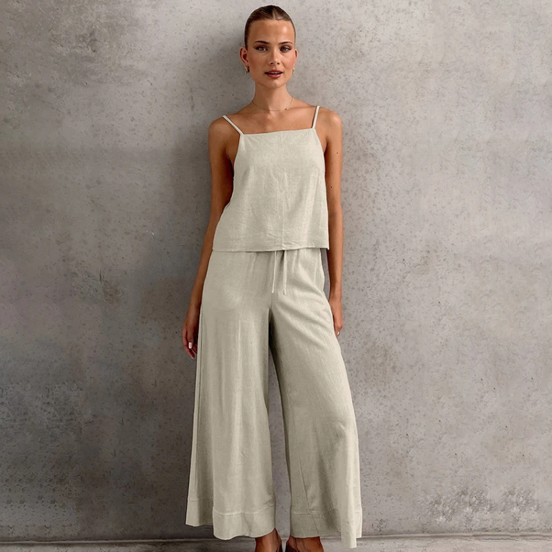 

Cotton and linen lace up backless casual suit for spring and summer, sexy and versatile, personalized sleeveless wide leg pants