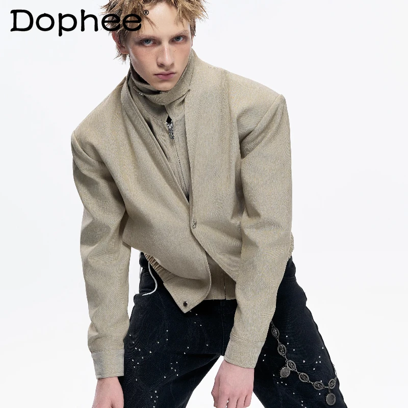 

2026 Men's Spring New Fashion Faux Two-Piece Jackets Detachable High Collar Design Tops Stylish Loose Comfort Solid Color Coats