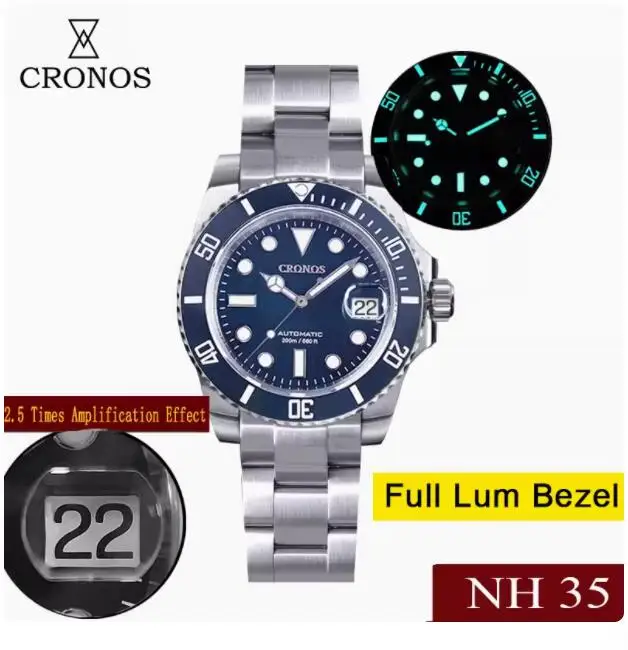 

CRONOS Men Automatic Watch 40mm Military Mechanical Wristwatch Sapphire 200M Waterproof BGW-9 Luminous NH35 Ceramic Bezel