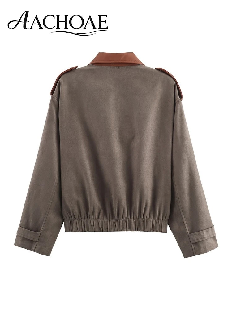 AACHOAE Women's Patchwork Faux Suede Bomber Jacket Contrast Faux Leather Collar Zip Casual Vintage Utility Short Coat Outerwear