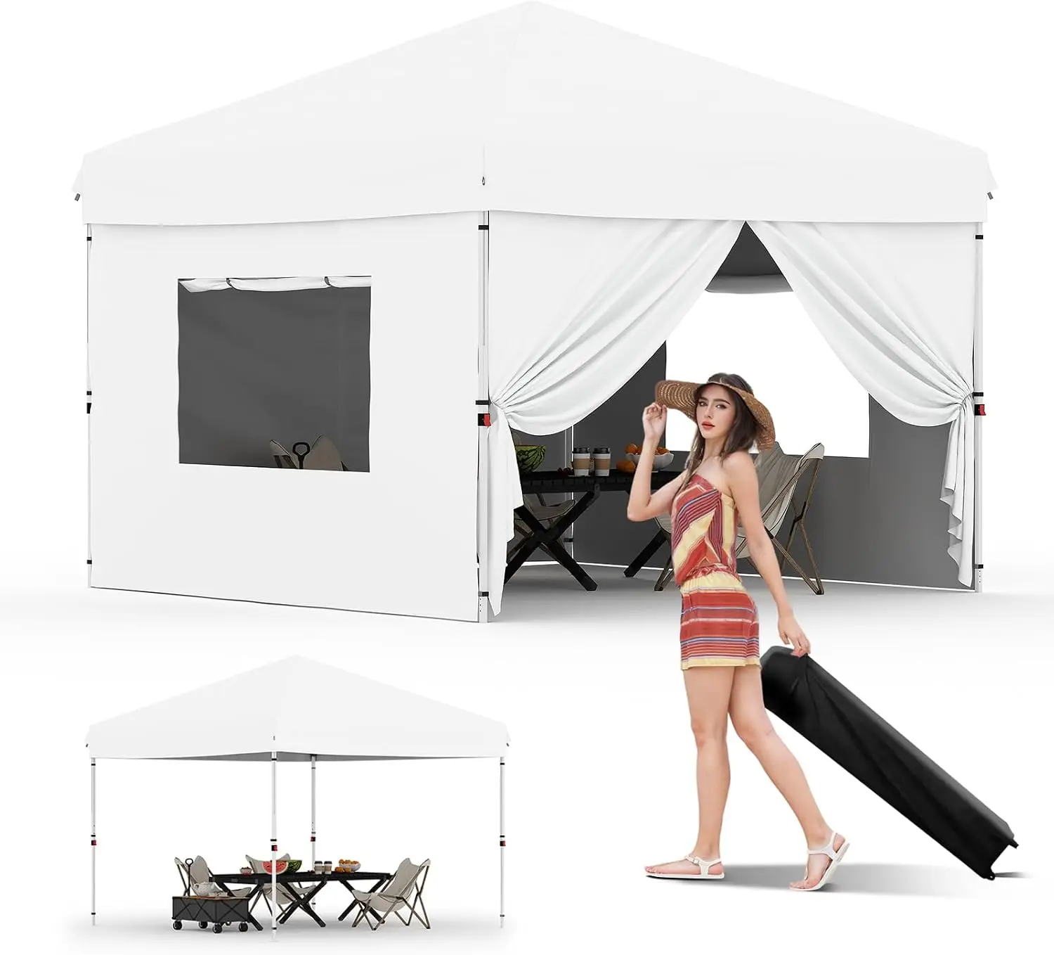 

Pop Up Canopy Tent With Four Removable Sidewalls, Portable Instant Outdoor Gazebo Canopy With Roller Bag And One Button Push Setup, Heavy Duty Waterproof Canopy For Backyard Camping Party, White, One Piece
