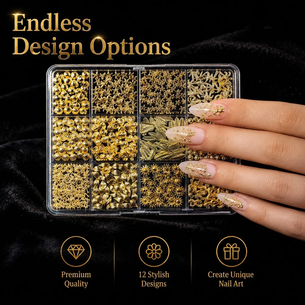 Mixed 12Grids Summer Ocean Nail Accessories Kit 3D Metal Shell Starfish Conch Palm Nail Charms Rivets With Tweezers For Decor