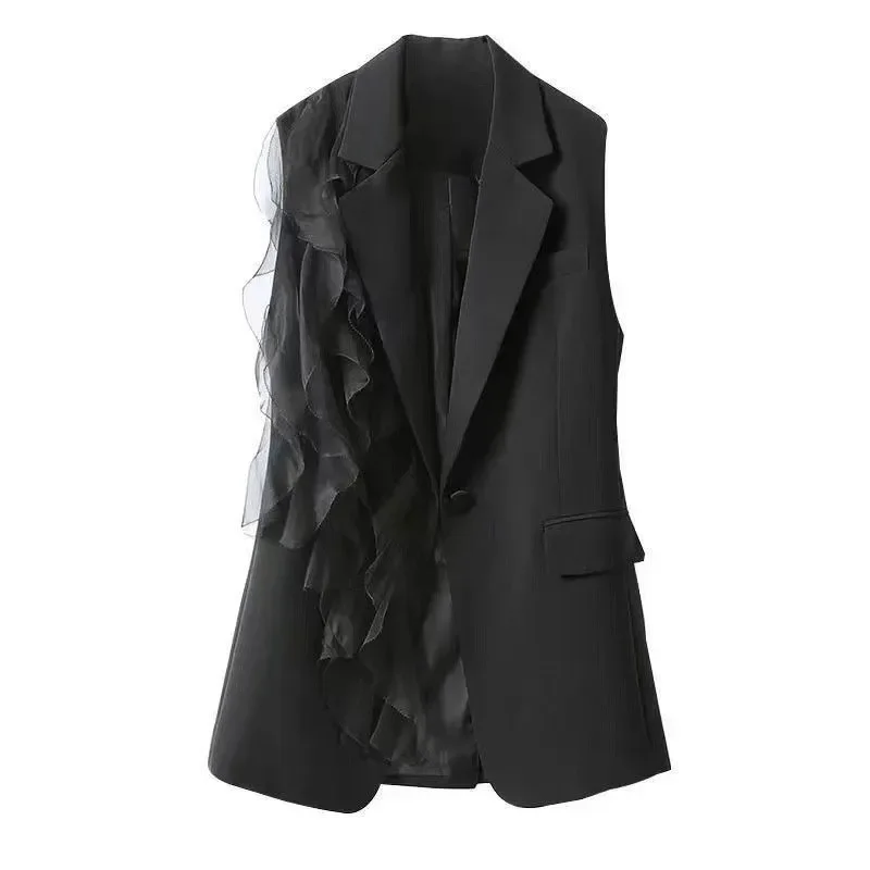 LIBIELIY Black Suit Vest Female Summer 2025 New Korean Fashion Stitching Chiffon Sleeveless Blazers Waistcoat Women Jacket Outer