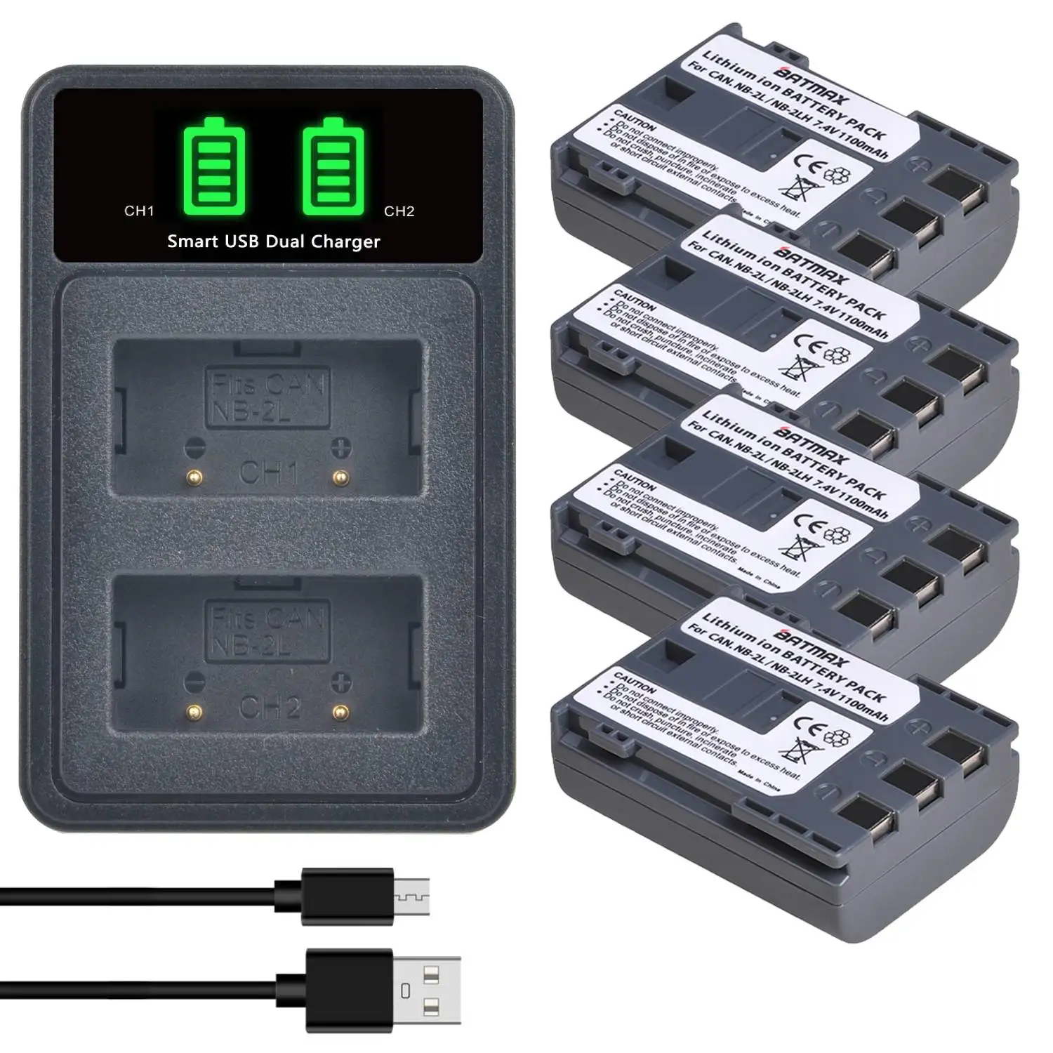 Batmax NB-2L NB-2LH Battery +LED Dual Charger for Canon Rebel XT XTi 350D 410D G7 G9 S70 S80 ZR500 ZR950 ZR960 HG10 HV40