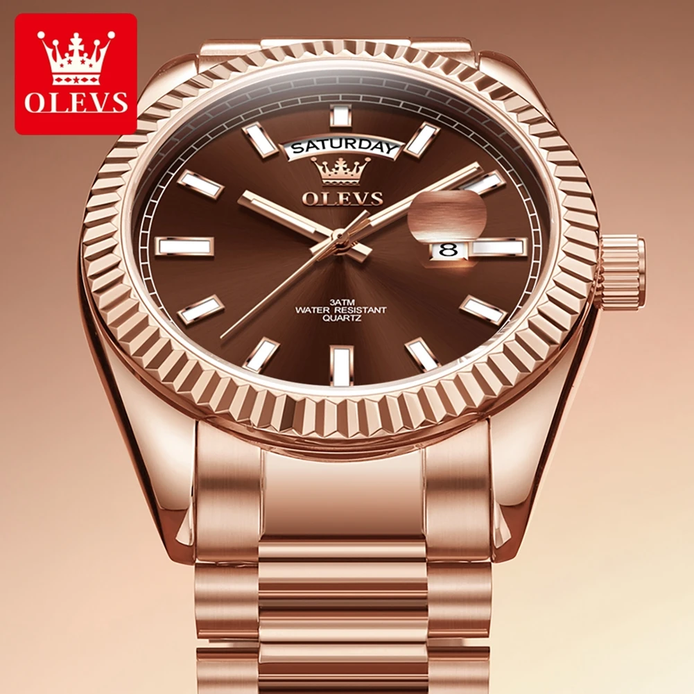 OLEVS Men's Watch Luxury Original Solid Stainless Steel Strap Fashion Personality Date Week Display Quartz Watches for Man 5650