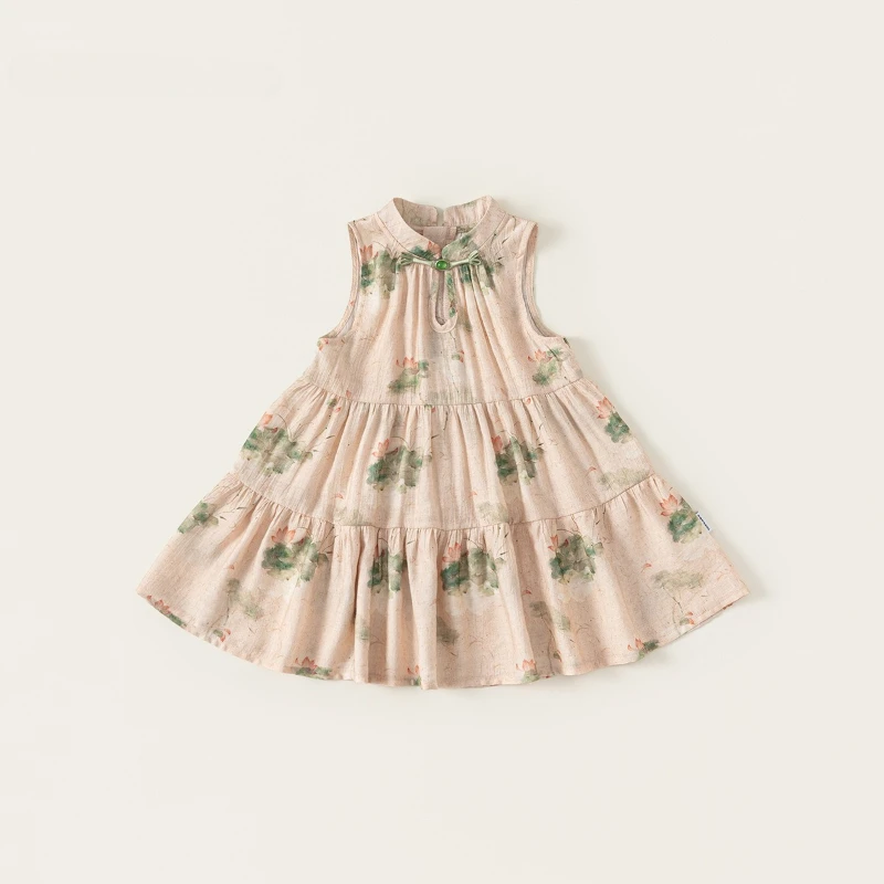 

2026 Summer New Hot Selling Ink Painting Printed Sleeveless Pan Button A-line Dress for Children